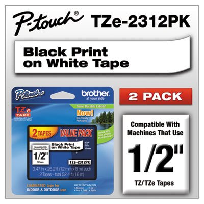 Picture of TZe Standard Adhesive Laminated Labeling Tapes, 0.47" x 26.2 ft, Black on White, 2/PackBRT-TZE2312PK
