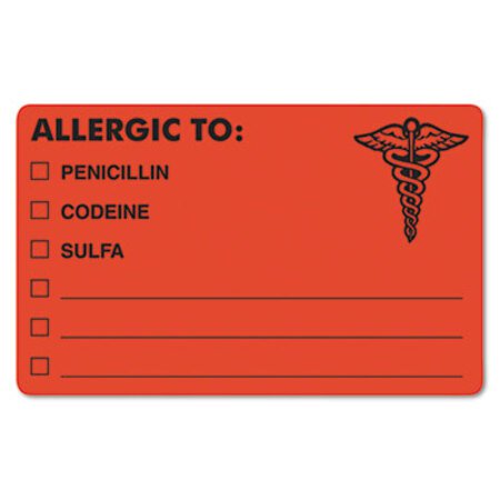 Picture of Allergy Warning Labels, ALLERGIC TO: PENICILLN, CODEINE, SULFA, 2.5 x 4, Fluorescent Red, 100/RollTAB-00488