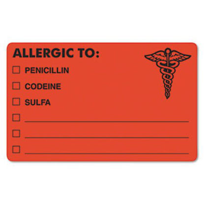 Picture of Allergy Warning Labels, ALLERGIC TO: PENICILLN, CODEINE, SULFA, 2.5 x 4, Fluorescent Red, 100/RollTAB-00488