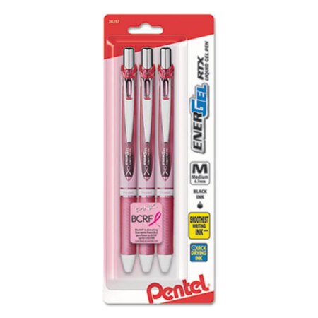 Picture of EnerGel RTX Gel Pen, Retractable, Medium 0.7 mm, Black Ink, Pink/Silver Barrel, 3/PackPEN-BL77PBP3ABC