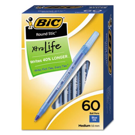 Picture of Round Stic Xtra Life Ballpoint Pen Value Pack, Stick, Medium 1 mm, Blue Ink, Translucent Blue Barrel, 60/BoxBIC-GSM609BE