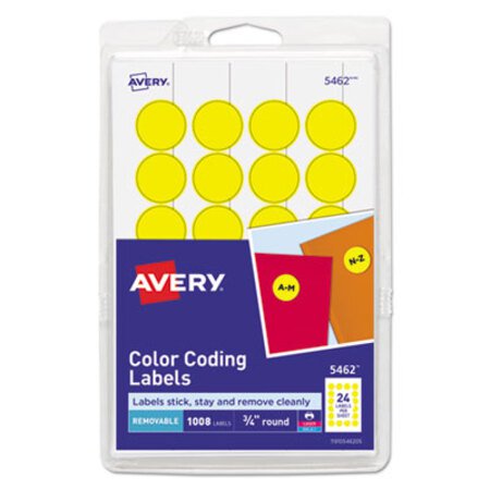 Picture of Printable Self-Adhesive Removable Color-Coding Labels, 0.75" dia., Yellow, 24/Sheet, 42 Sheets/Pack, (5462)AVE-05462