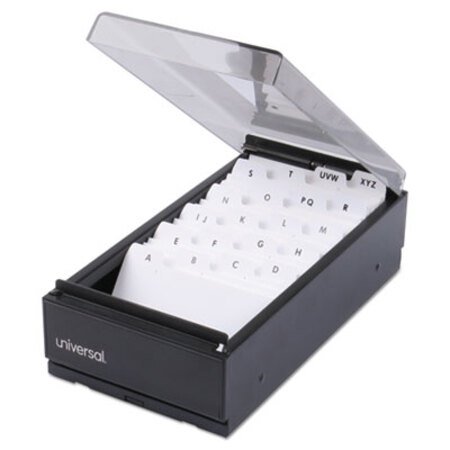 Picture of Business Card File, Holds 600 2 x 3.5 Cards, 4.25 x 8.25 x 2.5, Metal/Plastic, BlackUNV-10601