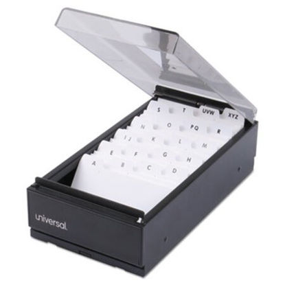 Picture of Business Card File, Holds 600 2 x 3.5 Cards, 4.25 x 8.25 x 2.5, Metal/Plastic, BlackUNV-10601