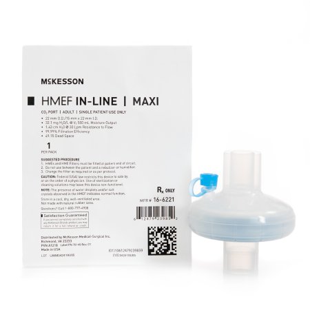 Picture of Heat and Moisture Exchanger with Filter McKesson 32.1 mg H2O/L @ VT 500 mL 2.5 cm H20 @ 30 Lpm16-6221