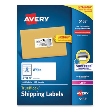 Picture of Shipping Labels w/ TrueBlock Technology, Laser Printers, 2 x 4, White, 10/Sheet, 100 Sheets/BoxAVE-5163