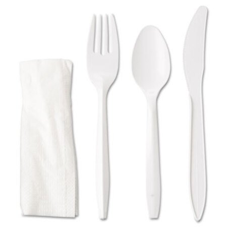 Picture of Wrapped Cutlery Kit, Fork/Knife/Spoon/Napkin, Mediumweight, Polypropylene Plastic, White, 250/CartonGEN-4KITMW