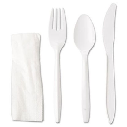 Picture of Wrapped Cutlery Kit, Fork/Knife/Spoon/Napkin, Mediumweight, Polypropylene Plastic, White, 250/CartonGEN-4KITMW
