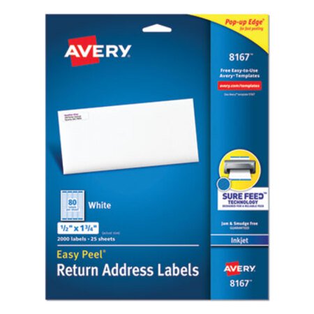 Picture of Easy Peel White Address Labels w/ Sure Feed Technology, Inkjet Printers, 0.5 x 1.75, White, 80/Sheet, 25 Sheets/PackAVE-8167