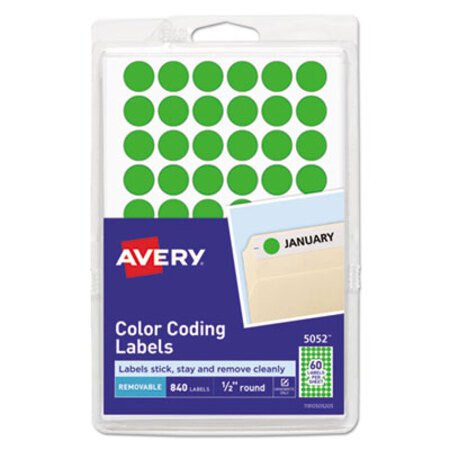 Picture of Handwrite Only Self-Adhesive Removable Round Color-Coding Labels, 0.5" dia., Neon Green, 60/Sheet, 14 Sheets/Pack, (5052)AVE-05052