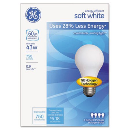 Picture of Dimmable Halogen A-Line Bulb, 43 W, Soft White, 4/PackGEL-66247