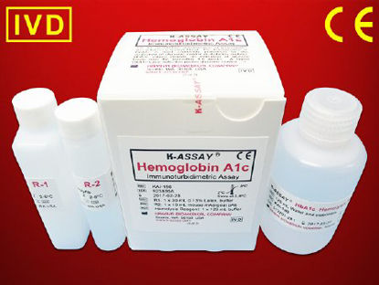 Picture of Reagent Kit K-ASSAY® Hemolysis Hemoglobin A1c (HbA1c) For Automated Chemistry Analyzers 166 Tests R1: 30 mL; R2: 10 mL; Hemolysis Reagent: 125 mLKAI-196