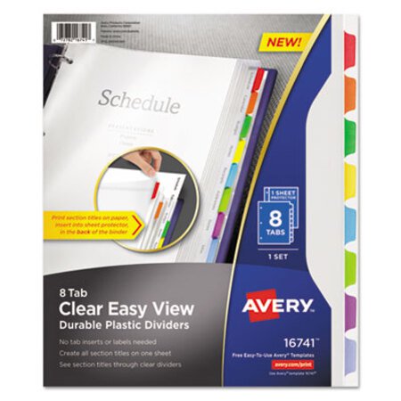 Picture of Clear Easy View Plastic Dividers with Multicolored Tabs and Sheet Protector, 8-Tab, 11 x 8.5, Clear, 1 SetAVE-16741