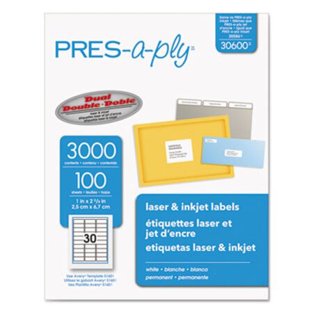 Picture of Labels, Laser Printers, 1 x 2.63, White, 30/Sheet, 100 Sheets/BoxAVE-30600