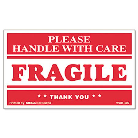 Picture of Printed Message Self-Adhesive Shipping Labels, FRAGILE Handle with Care, 3 x 5, Red/Clear, 500/RollUNV-308383