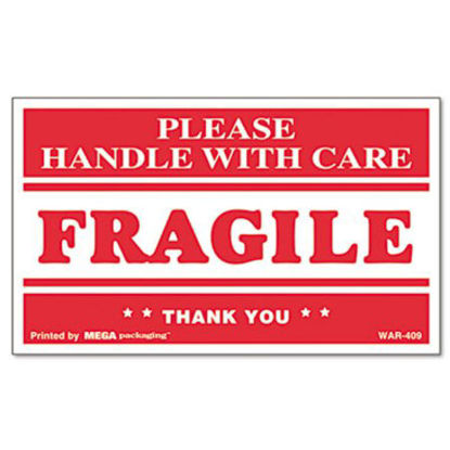 Picture of Printed Message Self-Adhesive Shipping Labels, FRAGILE Handle with Care, 3 x 5, Red/Clear, 500/RollUNV-308383