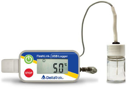 Picture of Vaccine Temperature Data Logger with Alarm FlashLink® Fahrenheit / Celsius -40° to +104°F (-40° to +40°C) Glycol Bottle Probe Multiple Mounting Options Battery Operated20938