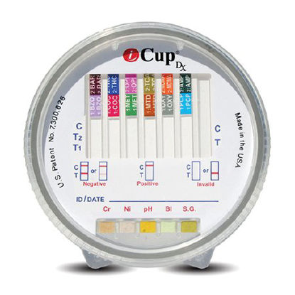 Picture of Drugs of Abuse Test iCup® Dx 13-Drug Panel with Adulterants AMP500, BAR, BZO, BUPG, COC150, mAMP/MET500, MDMA, MTD, OPI300, OXY, PCP, TCA, THC (BL, CR, NI, pH, SG) Urine Sample 25 TestsI-DXA-13B