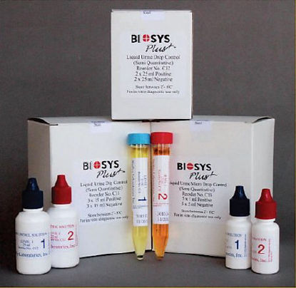 Picture of Reproductive Endocrinology Assay Urinalysis Control Kit Biosys Plus™ Drop Leukocytes, Nitrite, Urobilinogen, Protein, pH, Blood, Specific Gravity, Ketones, Bilirubin, Glucose, Hemoglobin, Microalbumin, Creatinine, hCG 2 Levels 2 X 2 X 25 mLC12