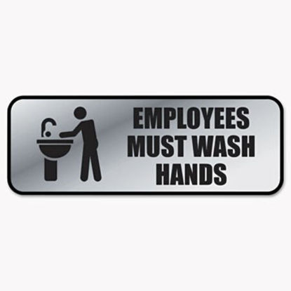Picture of Brushed Metal Office Sign, Employees Must Wash Hands, 9 x 3, SilverCOS-098205