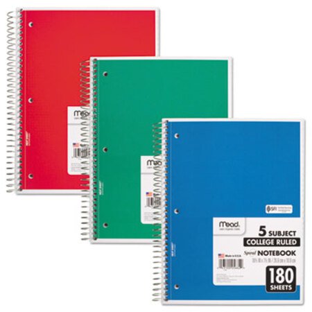 Picture of Spiral Notebook, 5 Subjects, Medium/College Rule, Assorted Color Covers, 10.5 x 8, 180 SheetsMEA-05682