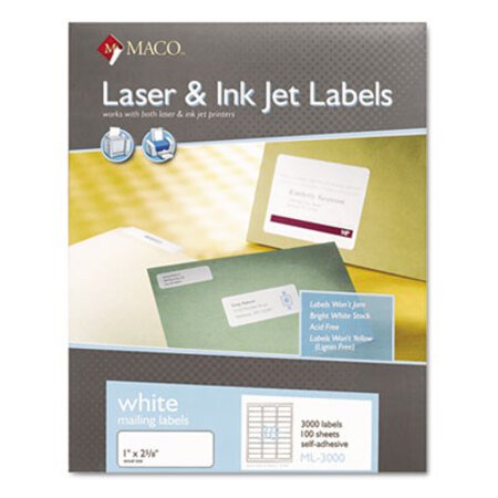 Picture of White Laser/Inkjet Shipping and Address Labels, Inkjet/Laser Printers, 1 x 2.63, White, 30/Sheet, 100 Sheets/BoxMAC-ML3000