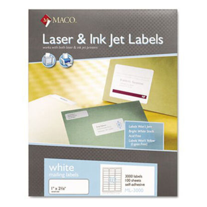 Picture of White Laser/Inkjet Shipping and Address Labels, Inkjet/Laser Printers, 1 x 2.63, White, 30/Sheet, 100 Sheets/BoxMAC-ML3000