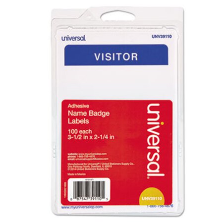 Picture of "Visitor" Self-Adhesive Name Badges, 3 1/2 x 2 1/4, White/Blue, 100/PackUNV-39110