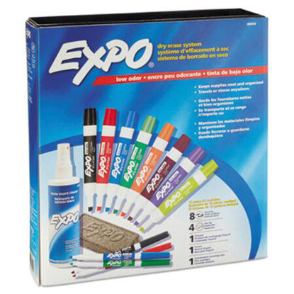 Picture of Low-Odor Dry Erase Marker, Eraser and Cleaner Kit, Medium Assorted Tips, Assorted Colors, 12/SetSAN-80054