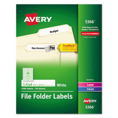 Picture of Permanent TrueBlock File Folder Labels with Sure Feed Technology, 0.66 x 3.44, White, 30/Sheet, 50 Sheets/BoxAVE-5366