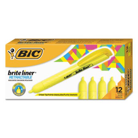 Picture of Brite Liner Retractable Highlighter, Fluorescent Yellow Ink, Chisel Tip, Yellow/Black Barrel, DozenBIC-BLR11YW