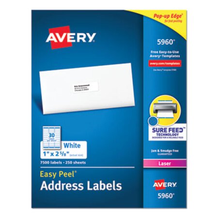 Picture of Easy Peel White Address Labels w/ Sure Feed Technology, Laser Printers, 1 x 2.63, White, 30/Sheet, 250 Sheets/PackAVE-5960