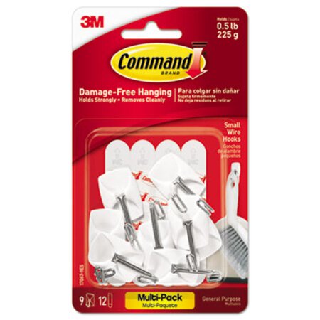 Picture of General Purpose Wire Hooks Multi-Pack, Small, 0.5 lb Cap, White, 9 Hooks and 12 Strips/PackMMM-170679ES