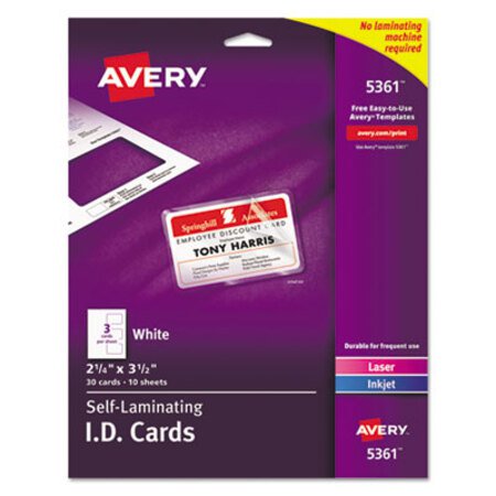 Picture of Laminated Laser/Inkjet ID Cards, 2 1/4 x 3 1/2, White, 30/BoxAVE-5361