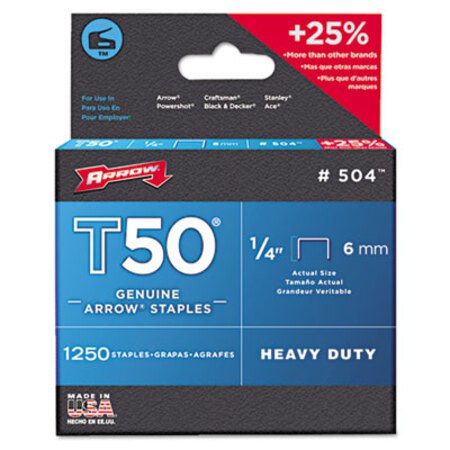 Picture of T50 Heavy Duty Staples, 0.25" Leg, 0.38" Crown, Steel, 1,250/PackARR-504