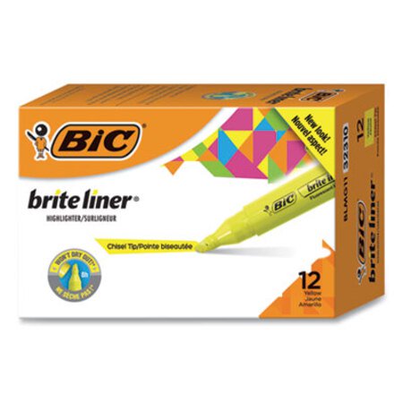 Picture of Brite Liner Tank-Style Highlighter, Fluorescent Yellow Ink, Chisel Tip, Yellow/Black Barrel, DozenBIC-BLMG11YW