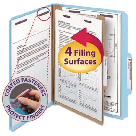 Picture of Four-Section Pressboard Top Tab Classification Folders with SafeSHIELD Fasteners, 1 Divider, Letter Size, Blue, 10/BoxSMD-13730