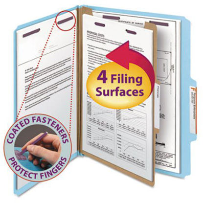 Picture of Four-Section Pressboard Top Tab Classification Folders with SafeSHIELD Fasteners, 1 Divider, Letter Size, Blue, 10/BoxSMD-13730