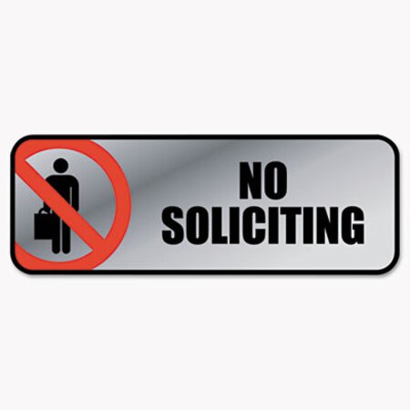 Picture of Brushed Metal Office Sign, No Soliciting, 9 x 3, Silver/RedCOS-098208