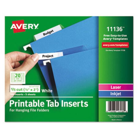 Picture of Tabs Inserts For Hanging File Folders, 1/5-Cut Tabs, White, 2" Wide, 100/PackAVE-11136
