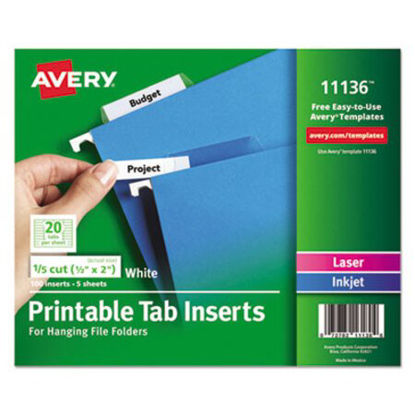 Picture of Tabs Inserts For Hanging File Folders, 1/5-Cut Tabs, White, 2" Wide, 100/PackAVE-11136