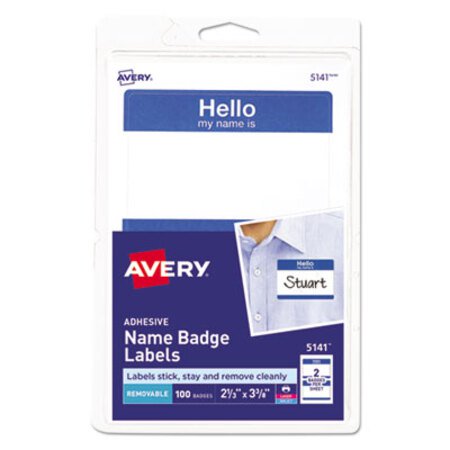 Picture of Printable Adhesive Name Badges, 3.38 x 2.33, Blue "Hello", 100/PackAVE-5141