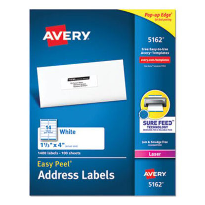 Picture of Easy Peel White Address Labels w/ Sure Feed Technology, Laser Printers, 1.33 x 4, White, 14/Sheet, 100 Sheets/BoxAVE-5162