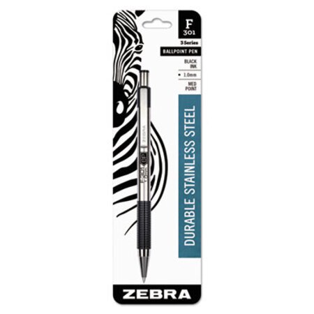 Picture of F-301 Ballpoint Pen, Retractable, Medium 1 mm, Black Ink, Stainless Steel/Black BarrelZEB-27211