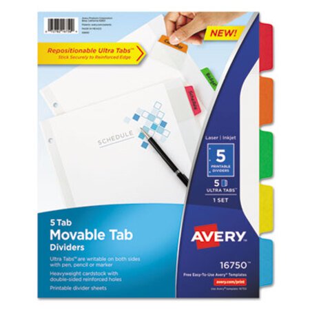 Picture of Movable Tab Dividers with Color Tabs, 5-Tab, 11 x 8.5, White, 1 SetAVE-16750
