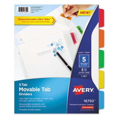 Picture of Movable Tab Dividers with Color Tabs, 5-Tab, 11 x 8.5, White, 1 SetAVE-16750