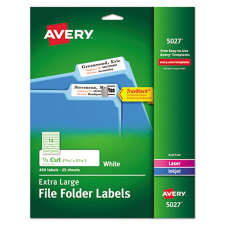 Picture of Extra-Large TrueBlock File Folder Labels with Sure Feed Technology, 0.94 x 3.44, White, 18/Sheet, 25 Sheets/PackAVE-5027