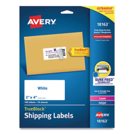 Picture of Shipping Labels w/ TrueBlock Technology, Inkjet Printers, 2 x 4, White, 10/Sheet, 10 Sheets/PackAVE-18163