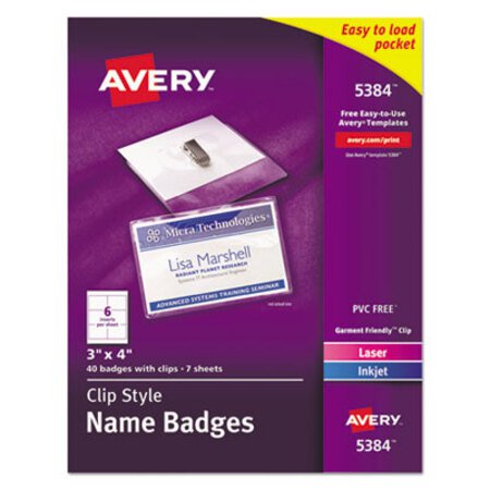 Picture of Clip-Style Name Badge Holder with Laser/Inkjet Insert, Top Load, 4 x 3, White, 40/BoxAVE-5384