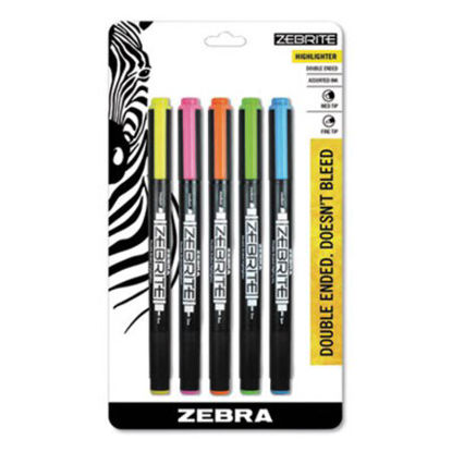 Picture of Zebrite Eco Double-Ended Highlighter, Assorted Ink Colors, Medium-Chisel/Fine-Bullet Tips, Assorted Barrel Colors, 5/SetZEB-75005